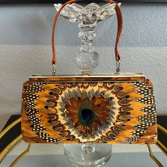 VTG Outdoor Forest Fairytale Wedding Feather Frame Bag Woodsy Bride Brown Blue - Picture 4 of 16